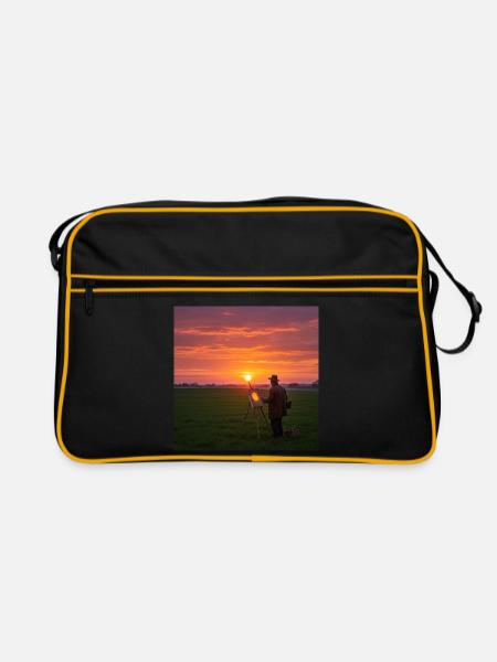 Sonnenuntergang mit Person im Feld - Retro Tasche - Schwarz/Gold