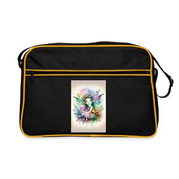 Leprechaun - Pixies - Blumen, Aquarell & Fee - Retro Tasche - Schwarz/Gold - Vorne