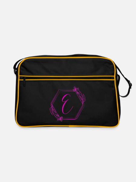 E-Monogramm im Blütenrahmen - Retro Tasche - Schwarz/Gold