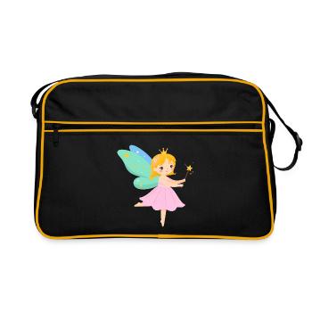 Kleine Comic Fee Flügel Rosa Zauberstab T-Shirt - Retro Tasche - Schwarz/Gold - Vorne