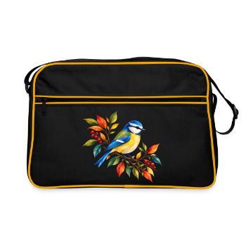 Blaumeise im bunten Herbst - Retro Tasche - Schwarz/Gold - Vorne
