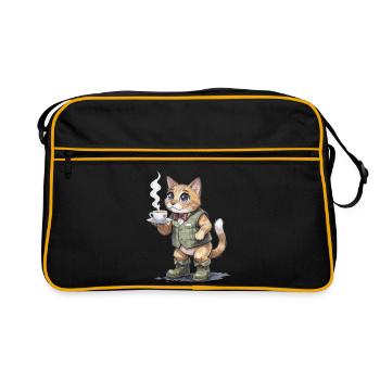 Katze im Tweed-Anzug mit Dampfender Tasse - Retro Tasche - Schwarz/Gold - Vorne