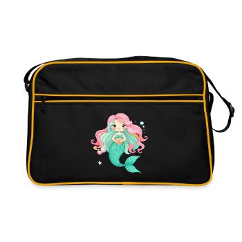 Kawaii Meerjungfrau Rosa Haare Süßes Kinder Shirt - Retro Tasche - Schwarz/Gold - Vorne