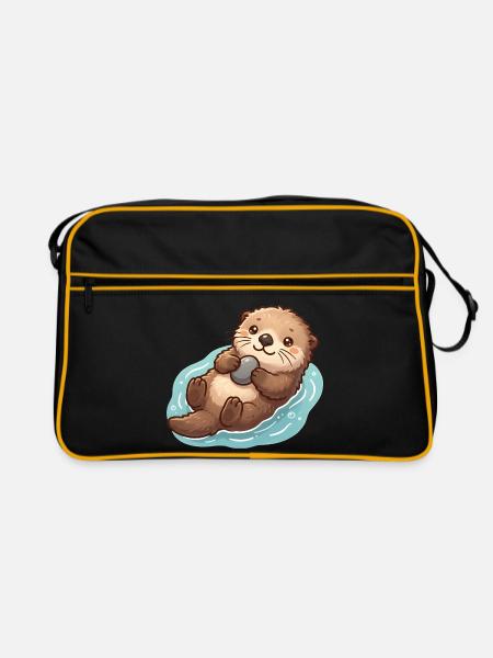 Süßer Otter mit Stein - Retro Tasche - Schwarz/Gold