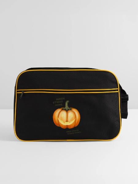 Innen etwas hohl, aber grinse sympathisch - Kürbis - Retro Tasche - Schwarz/Gold - Vorne