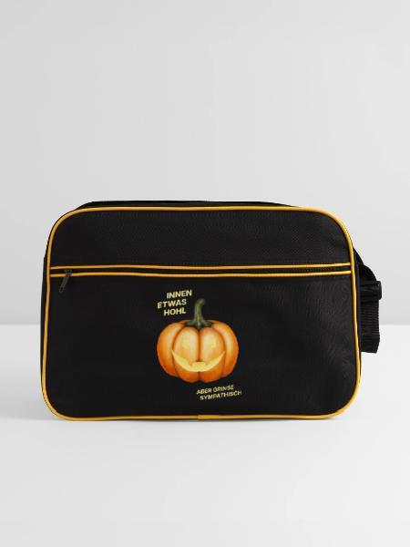 Innen etwas hohl, aber grinse sympathisch - Kürbis - Retro Tasche - Schwarz/Gold - Vorne
