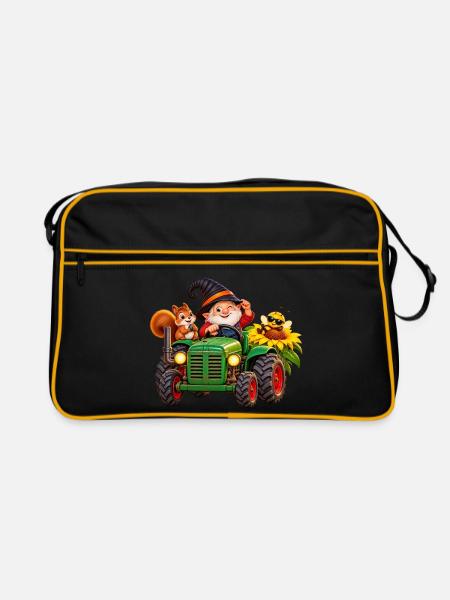 Fröhlicher Wichtel -Traktor im Gartenzauber - Retro Tasche - Schwarz/Gold
