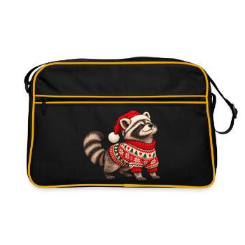 Weihnachts Waschbär – Norwegerpullover - Retro Tasche - Schwarz/Gold - Vorne