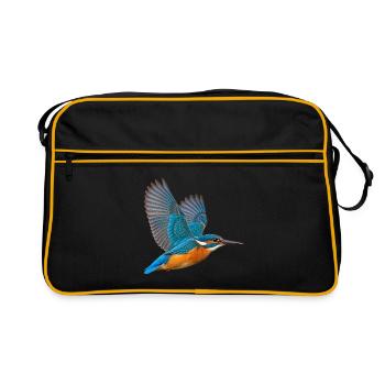 Eisvogel im Flug – blauoranges Gefieder als Motiv - Retro Tasche - Schwarz/Gold - Vorne