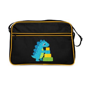 Blauer Comic Dinosaurier Bauklötze Kinder T-Shirt - Retro Tasche - Schwarz/Gold - Vorne