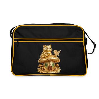 Goldene Katze auf Zauberpilz - Retro Tasche - Schwarz/Gold - Vorne