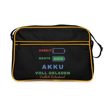 Arbeit leer – Rente voll: Akku voll geladen - Retro Tasche - Schwarz/Gold - Vorne