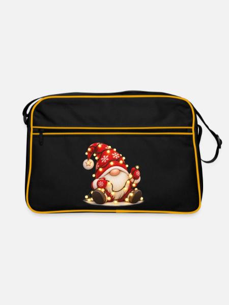 Weihnachtsgnom mit leuchtender Lichterkette - Retro Tasche - Schwarz/Gold
