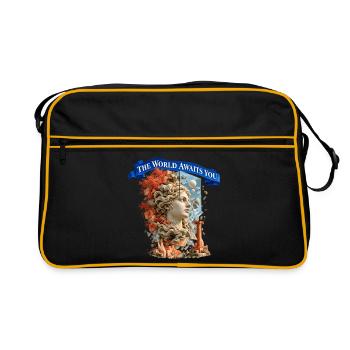 The World Awaits You – Surreale Weltreise - Retro Tasche - Schwarz/Gold - Vorne