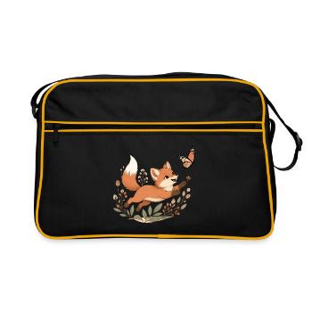 Boho Fuchs Welpe Schmetterling Line Art T-Shirt - Retro Tasche - Schwarz/Gold - Vorne
