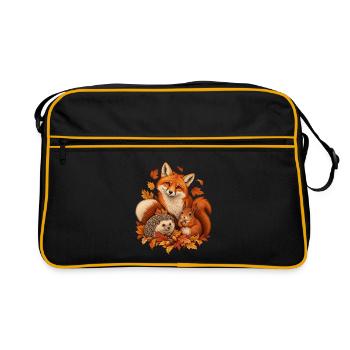 Herbst Waldtiere mit Fuchs Igel und Eichhörnchen - Retro Tasche - Schwarz/Gold - Vorne
