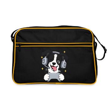 Gaming Border Collie mit Headset und Controller - Retro Tasche - Schwarz/Gold - Vorne