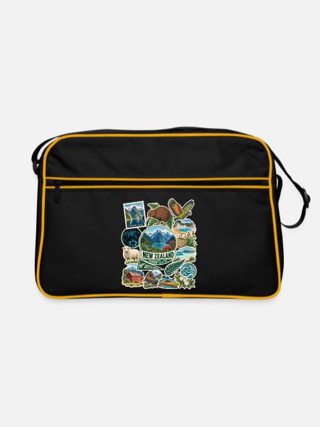 Neuseeland Reisesticker - Retro Tasche - Schwarz/Gold