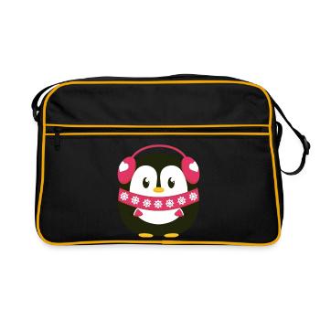 Süßer Pinguin in Pink mit Winterlook  - Retro Tasche - Schwarz/Gold - Vorne