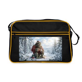 Winter Yeti am Feuer im Schneeland - Retro Tasche - Schwarz/Gold - Vorne