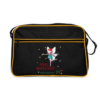 Weihnachtsfee mit Santa-Hut und Sternen - Retro Tasche - Schwarz/Gold - Vorne