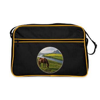 Flusslandschaft mit Pferd auf der Wiese - Retro Tasche - Schwarz/Gold - Vorne