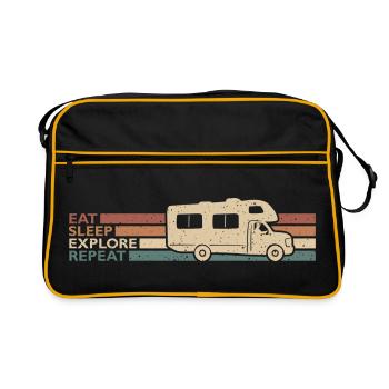 Eat Sleep Explore Repeat Wohnwagen Spruch - Retro Tasche - Schwarz/Gold - Vorne