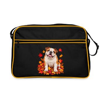 Herbstbulldog auf Laubteppich - Retro Tasche - Schwarz/Gold - Vorne
