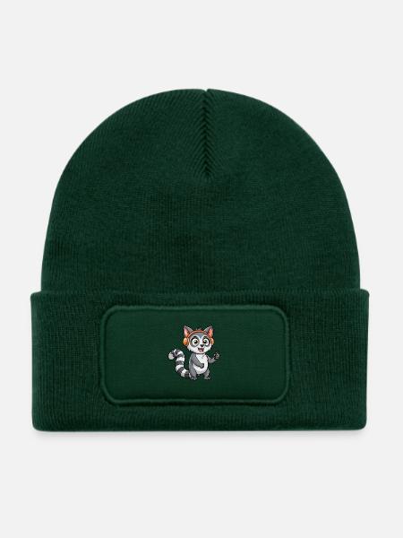 Lemur Lustige Zeichentrickfigur Kopfhörer Musik - Kinder Recycelter Patch Beanie - Flaschengrün - Vorne