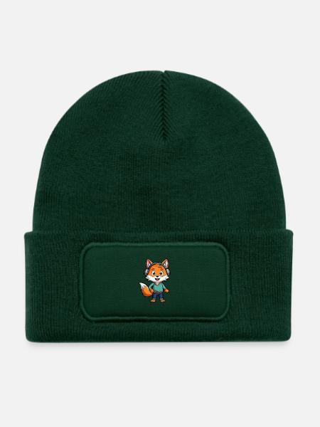 Fuchs Lustige Zeichentrickfigur Kopfhörer Musik - Kinder Recycelter Patch Beanie - Flaschengrün - Vorne