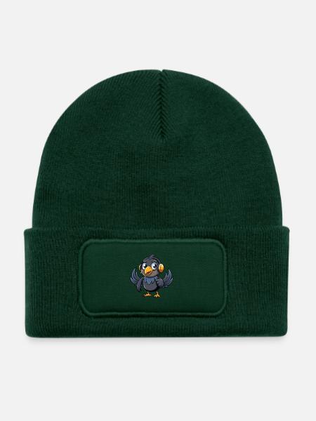 Krähe Lustige Zeichentrickfigur Kopfhörer Musik - Kinder Recycelter Patch Beanie - Flaschengrün - Vorne