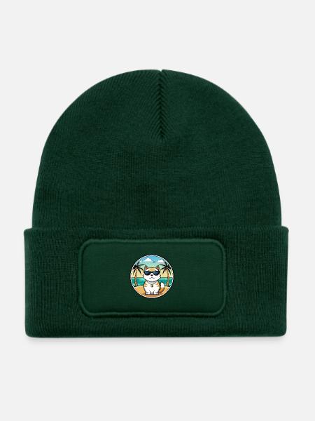 Japanische Bobtail Katzenrasse Cartoon Sonnenbrille Strand - Kinder Recycelter Patch Beanie - Flaschengrün - Vorne