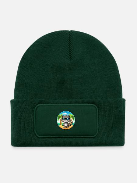 Waschbär Lustig Cartoon Sommer Strand Sonnenbrille Cool - Kinder Recycelter Patch Beanie - Flaschengrün - Vorne