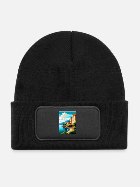 Mallorca Spanien Vintage Reiseplakat Souvenir WPA - Kinder Recycelter Patch Beanie - Schwarz - Vorne