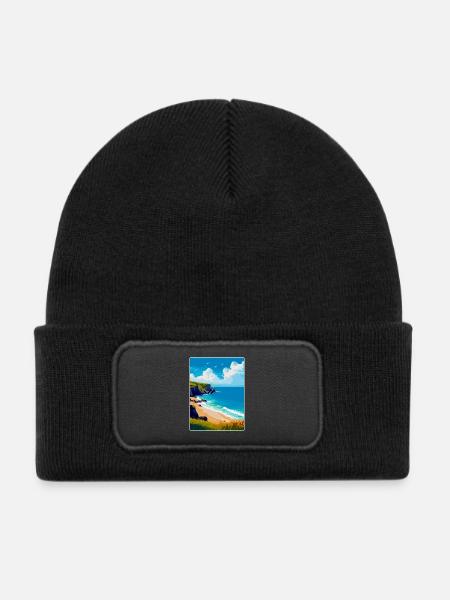 Porthcurno Beach, Cornwall, England, Vereinigtes Königreich, Reiseplakat - Kinder Recycelter Patch Beanie - Schwarz - Vorne
