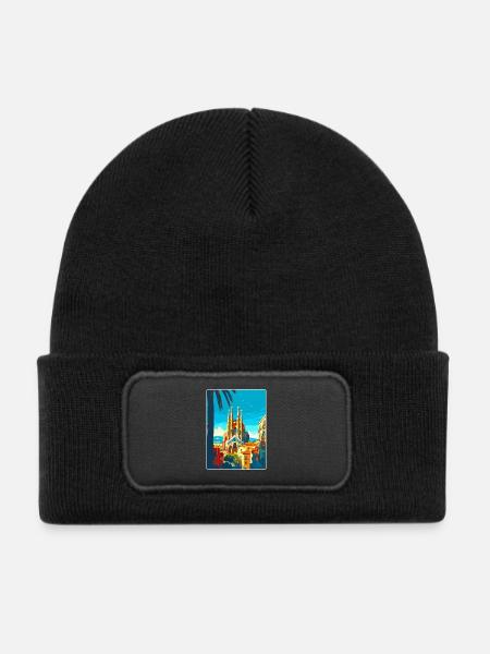 Barcelona Spanien Vintage Reiseplakat Souvenir WPA - Kinder Recycelter Patch Beanie - Schwarz - Vorne
