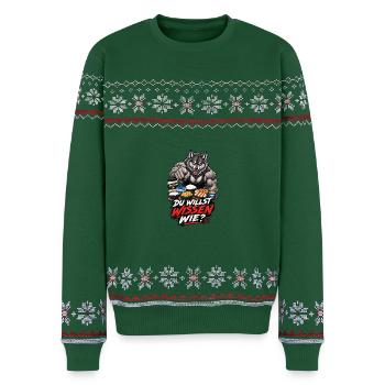 Du willst wissen wie – Muskelwolf und Fitness - Unisex Premium Organic Weihnachtspullover - Flaschengrün - Vorne - AI Model Female 172 light (172cm) & AI Model Male 178 light (178cm)