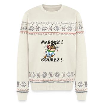 Obelix – Iss! Lauf! - Unisex Premium Organic Weihnachtspullover - Naturweiß - Vorne - AI Model Female 172 light (172cm) & AI Model Male 178 light (178cm)