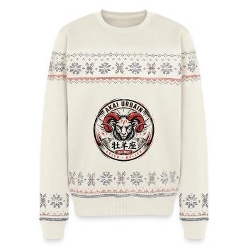 Böder Urban: Rotes Widder-Emblem - Unisex Premium Organic Weihnachtspullover - Naturweiß - Vorne - AI Model Female 172 light (172cm) & AI Model Male 178 light (178cm)
