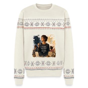 Ich mach das Beste aus dem was ich hab - Unisex Premium Organic Weihnachtspullover - Naturweiß - Vorne - AI Model Female 172 light (172cm) & AI Model Male 178 light (178cm)