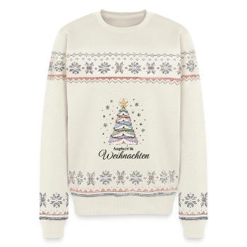Bücher Weihnachtsbaum Ausgebucht bis Weihnachten - Unisex Premium Organic Weihnachtspullover - Naturweiß - Vorne - AI Model Female 172 light (172cm) & AI Model Male 178 light (178cm)
