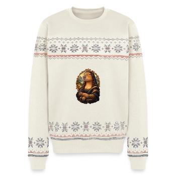 Capybara Mona Lisa – Tierische Kunstparodie - Unisex Premium Organic Weihnachtspullover - Naturweiß - Vorne - AI Model Female 172 light (172cm) & AI Model Male 178 light (178cm)