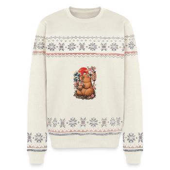 Capybara mit Bubble Tea und japanischen Wellen - Unisex Premium Organic Weihnachtspullover - Naturweiß - Vorne - AI Model Female 172 light (172cm) & AI Model Male 178 light (178cm)
