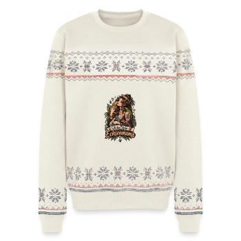 Stolze Echsenmama – Frau mit Echse - Unisex Premium Organic Weihnachtspullover - Naturweiß - Vorne - AI Model Female 172 light (172cm) & AI Model Male 178 light (178cm)