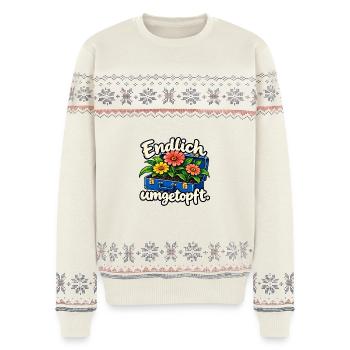 Endlich umgetopft – Ruhestand im Garten - Unisex Premium Organic Weihnachtspullover - Naturweiß - Vorne - AI Model Female 172 light (172cm) & AI Model Male 178 light (178cm)