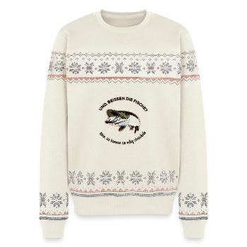 Angler Spruch  - Unisex Premium Organic Weihnachtspullover - Naturweiß - Vorne - AI Model Female 172 light (172cm) & AI Model Male 178 light (178cm)
