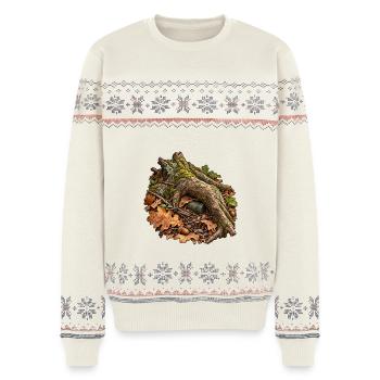 Unter der Wurzel – Versteckte Cache-Dose - Unisex Premium Organic Weihnachtspullover - Naturweiß - Vorne - AI Model Female 172 light (172cm) & AI Model Male 178 light (178cm)