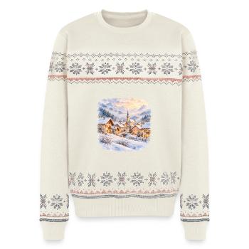Winterdorf Weihnachten Aquarell Landschaft Pastell - Unisex Premium Organic Weihnachtspullover - Naturweiß - Vorne - AI Model Female 172 light (172cm) & AI Model Male 178 light (178cm)