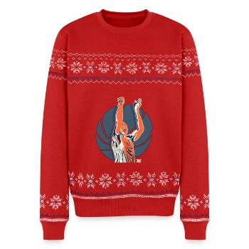 Basketballspieler Arme hoch - Retro Stil - Unisex Premium Organic Weihnachtspullover - Rot - Vorne - AI Model Female 172 light (172cm) & AI Model Male 178 light (178cm)