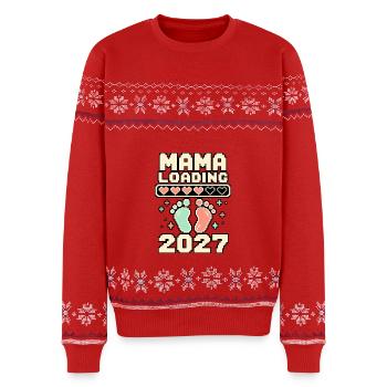 Mama Loading 2027 – Pixelherzen und Babyfüße - Unisex Premium Organic Weihnachtspullover - Rot - Vorne - AI Model Female 172 light (172cm) & AI Model Male 178 light (178cm)